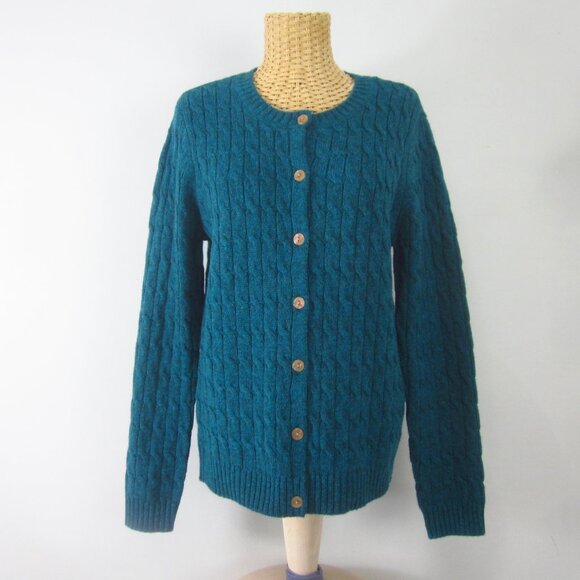 New Appleseeds Womens S Heather Teal Blue Purple Wool Long Sleeve Cable Cardigan - Picture 1 of 10